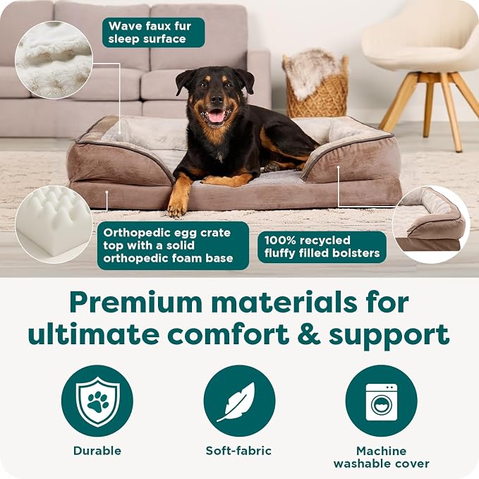 Furhaven Orthopedic Dog Bed for Large Dogs w/ Removable Bolsters & Washable Cover, For Dogs Up to 95 lbs - Plush & Velvet Waves Perfect Comfort Sofa - Brownstone, Jumbo/XL