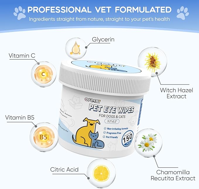Opdent Eye Wipes for Dogs & Cats - Tear Stain Remover for Dogs - Dog Eye Cleaner, Eye Debris, Discharge, Mucus Secretions - Eye Wipes for Dogs & cat Eye Wipes (3.2 in,300pcs)