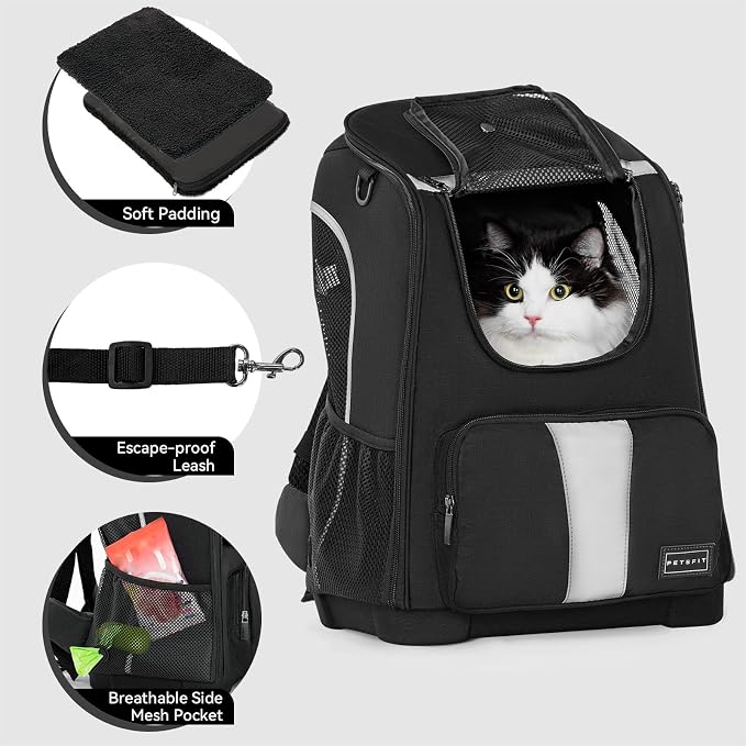 Petsfit Pet Dog Carrier Backpack with Upgraded Weight Reduction Design, Cat Dog Backpack with Large Ventilations, Easy-Fit for Traveling Hiking Camping for Small Medium Dogs and Cat, Black