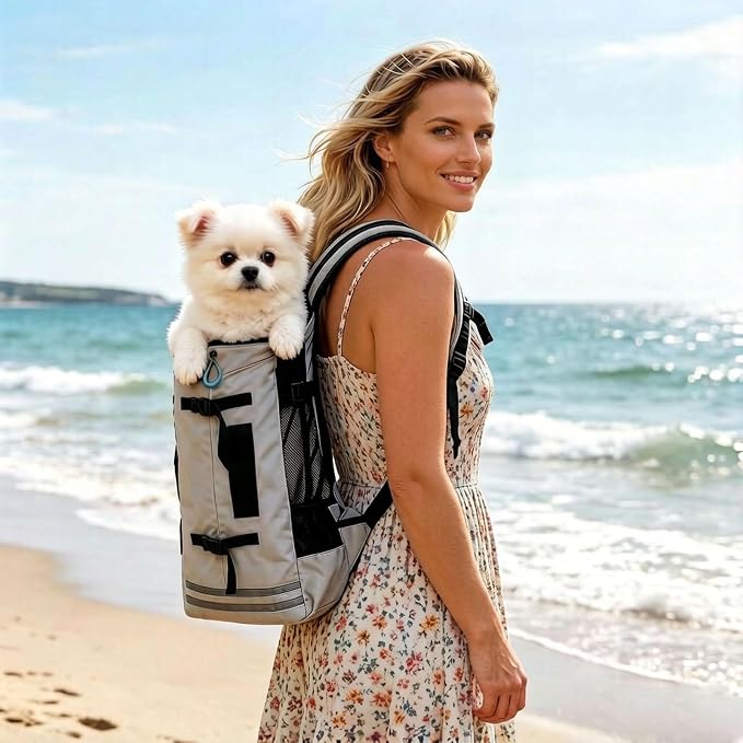 Big Dog Backpack Carrier, Grey-L | Extra Large Pet Carrier for 66lbs Dogs, Fully Adjustable Water-Resistant Dog Travel Bag for Hiking Cycling Outdoor Adventures