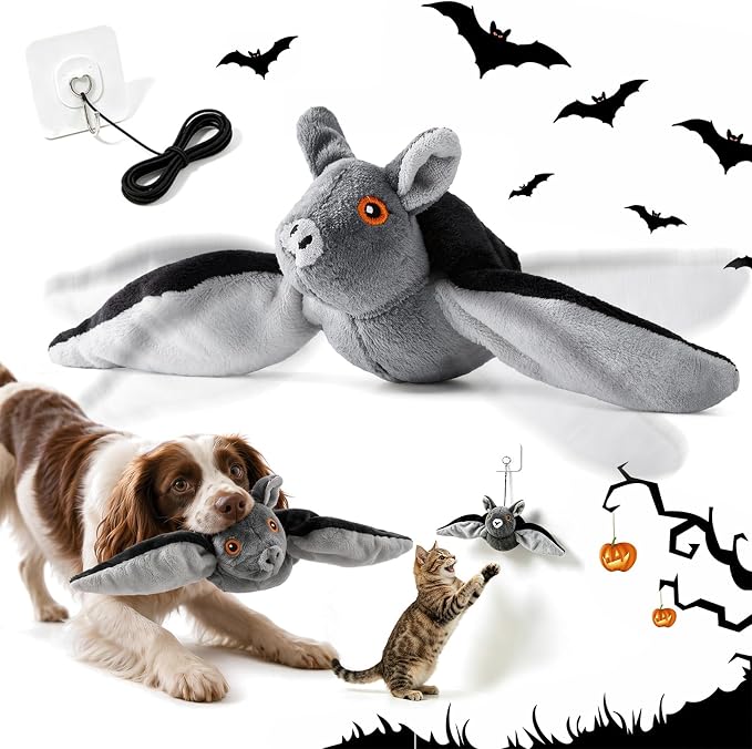 Flapping Bat Dog Toy, Flying Bat Toy for Dogs & Cat with Chirping & Flapping Wings, Interactive Rechargeable Bat Toy, Hanging Solo Play & Wand Compatible，1PC