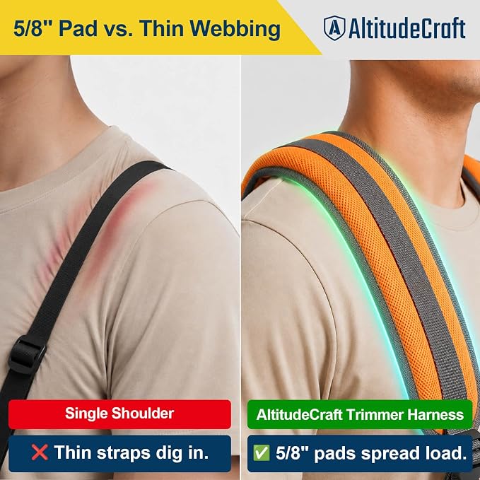 Adjustable Weed Eater Strap, Padded 5-Point Trimmer Harness | Hi-vis orange weed wacker strap harness for string trimmers and brush cutters. Designed for left- or right-handed use.