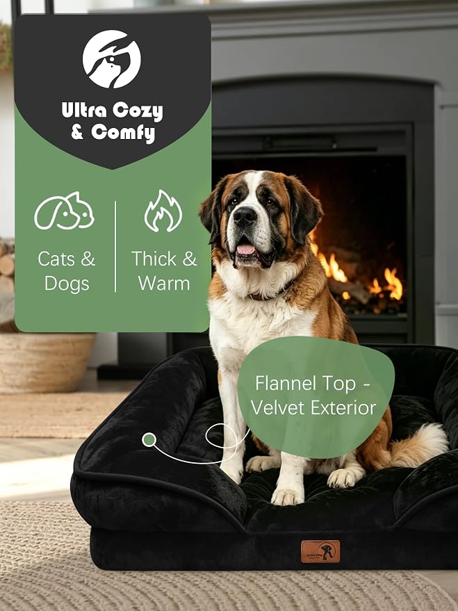 Spotted Play Orthopedic Dog Bed with Sides - Sofa Beds for Extra Large Dogs, Supportive Foam Pet Couch Bed with Washable Removable Cover, Waterproof Lining and Non-Slip Bottom, Black - XXL