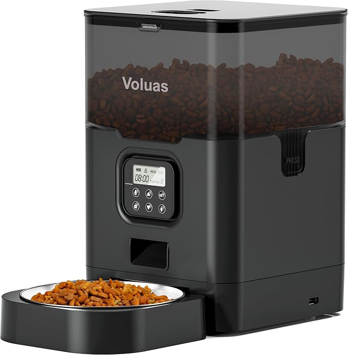 VOLUAS Automatic Cat Feeder, 4L Timed Dry Food Dispenser for Cats & Dogs | Programmable Portion Control, Up to 4 Meals Daily, Dual Power Supply, Power-Off Memory, 10-Second Voice Recorder