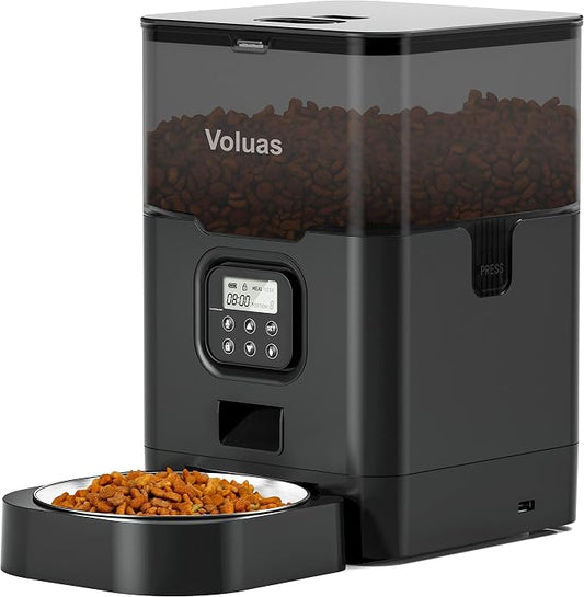 VOLUAS Automatic Cat Feeder, 4L Timed Dry Food Dispenser for Cats & Dogs | Programmable Portion Control, Up to 4 Meals Daily, Dual Power Supply, Power-Off Memory, 10-Second Voice Recorder