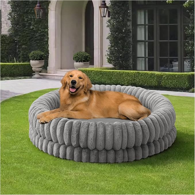BALANCE Luxury Donut Dog Bed, 43 Inches Round Dog Beds Large Sized Dogs Washable, Orthopedic Calming Dogs Bed for Pets with Anti-Slip Bottom, Gray