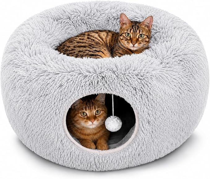 Large Cat Donut Tunnel Bed - Cat Tunnels for Indoor Cats - Circle Hideaway with Cat Toys, 3-in-1, Gift-Ready DIY Collapsible Plush Cat Tube, Rabbit, Kitty