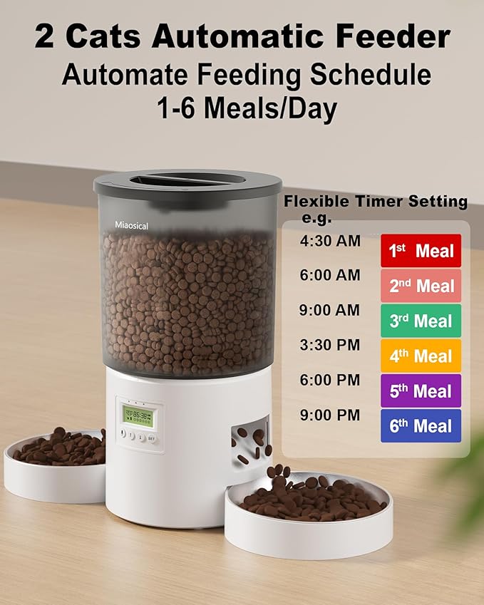 Automatic Cat Feeder 2 Cats, 4.2L Dry Food Auto Dispenser with Double Bowls,Dual Power Supply,Programmable Portion Control,10s Voice Recorder(Black,Stainless Steel Bowls) (Transparent+White)
