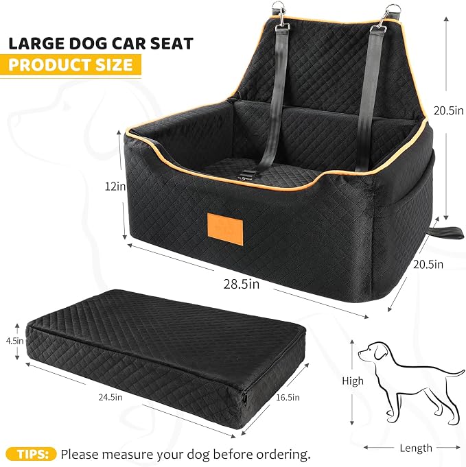 XIEEAOZEE Dog Car Seat for Large/Medium Dog, Booster Seat for Dogs Under 55Lbs or 2 Small, Detachable and Washable Travel Pet Seat with Thick Cushion and Storage Pockets (Black)
