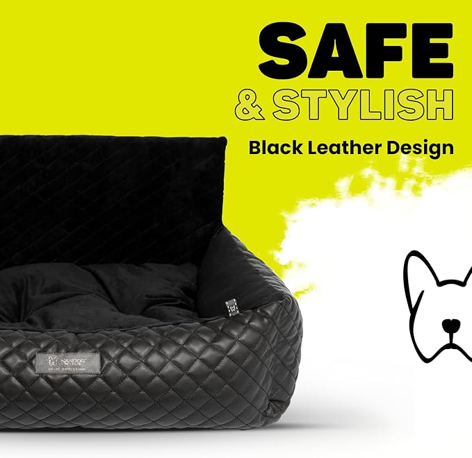NANDOG Luxury Dog Car Seat Bed for Medium Dogs, Vegan Leather Pet Seat with Removable & Washable Cushion Insert, Thick Safety Seatbelt Straps, Secure Travel Carrier, Black, 22" L x 18" W