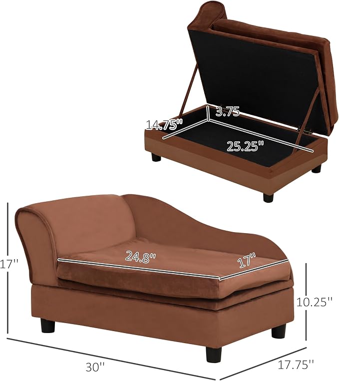 PawHut Luxury Fancy Dog Couch with Hidden Storage, Small Dog Sofa Bed with 2" Soft Foam, Modern Pet Furniture for Puppies & Little Breeds, Brown | Small Dog Sofa Bed with 2" Soft Foam, Modern Pet Furniture for Little Breeds