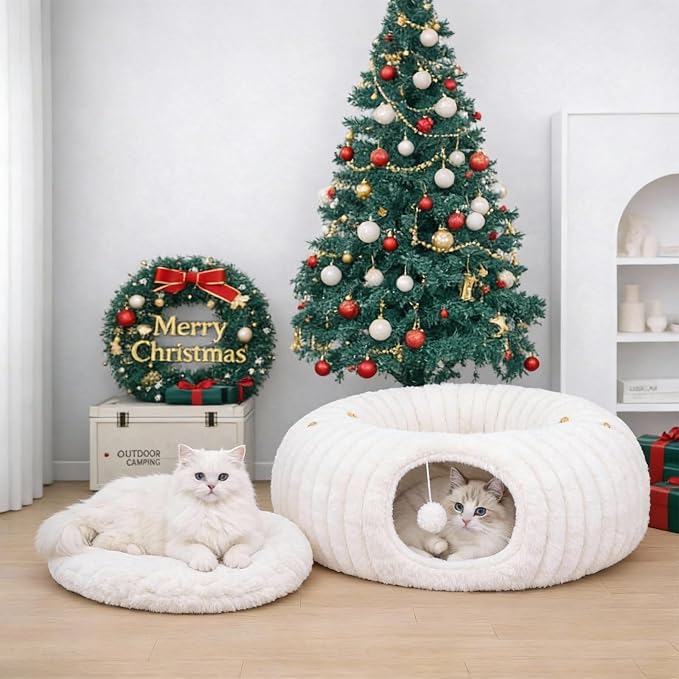 Dogpals Cat Tunnel Bed Cave 33" Lx10 Wx10 H for Indoor Cats (White) | Washable Cozy Cushion, Soft Striped Plush Fabric, Hideaway Peekaboo Cave for Kittens, Puppies, Rabbits & Small Pets