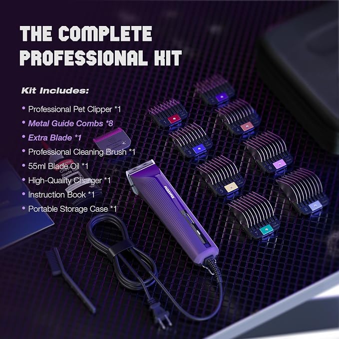 AmpFix Professional Dog/Pet Grooming Clippers 2-Speed Heavy-Duty | 2 Detachable Blade 8 Metal Combs, 10ft Cord, Runs Cool & Quiet, Anti-Slip Shatter-Proof Housing for All Animal Coats
