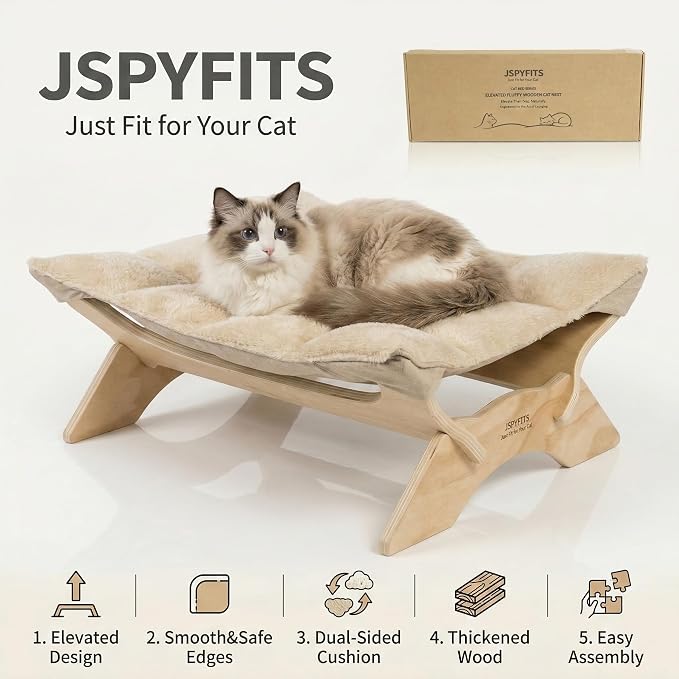 JSPYFITS Elevated Cat Bed Hammock, Raised Cat Bed with Dual-Sided Plush & Linen Cushion, Machine Washable & Breathable Cover Tool Free Easy Assembly, up to 66Lbs (Beige)