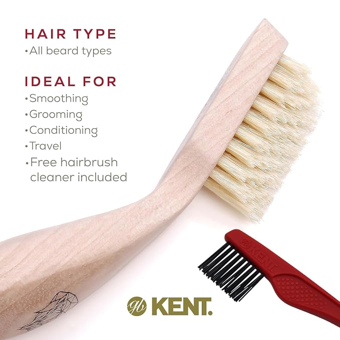 Kent BRD2 Boar Bristle Beard Brush for Men - Specially Cut Natural White Boar Bristle for Flawless Shaping and Grooming, Ergonomic Pistol-Like Grip Wood Handle, Dry or Wet Beard, Distributes Oils