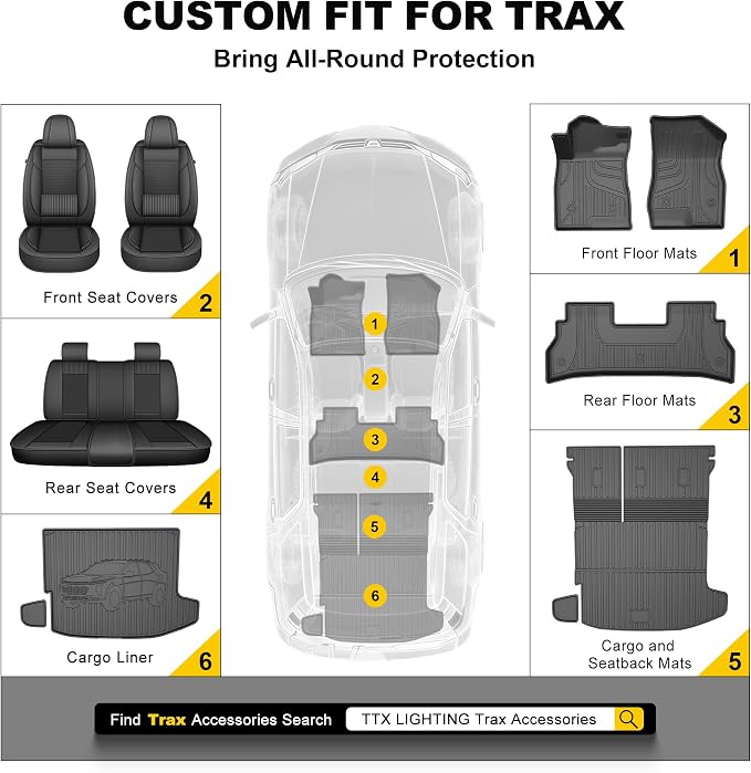 Original 2024 2025 2026 Trax Floor Mats for Chevrolet/Chevy Trax LS/1RS/LT/2RS/ACTIV Models - TTX LIGHTING Floor Liners Custom Fit 2025 2026 Chevy Trax 1st and 2rd Row Car Mats Interior Accessories