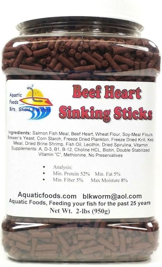 Aquatic Foods Inc. Beef Heart Sinking Sticks, APX 1/8" x 7/16" Beef Heart Sticks for Discus, Cichlids, Koi & Pond Fish, Great for All Tropical Fish - 2-lbs Large Jar