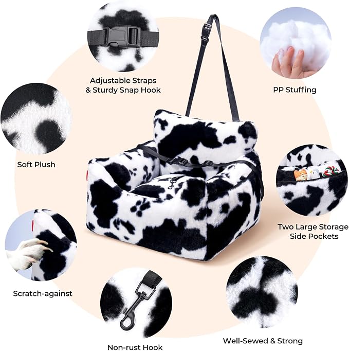 Dog Car Seat for Small Dogs & Cats Under 25 lbs, Milk Cow