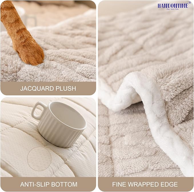 HANDONTIME Dog Couch Cover Protector, Fuzzy Couch Cover for Dogs Washable, Non Slip Geometric Jacquard Sofa Covers for 3 Cushion Couch Sofa Protector Pet Friendly Pets Mat(Khaki, 35.4" x 94.5")