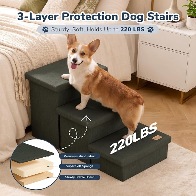 3-Step Wide Dog Stairs with Hidden Storage 18" H, Non-Slip Dog Steps for High Bed Couch Window Car, Jiont-Friendly Pet Stairs Ramp for Small/Medium/Large Old Dogs Cats Up to 200lbs, Grey Green