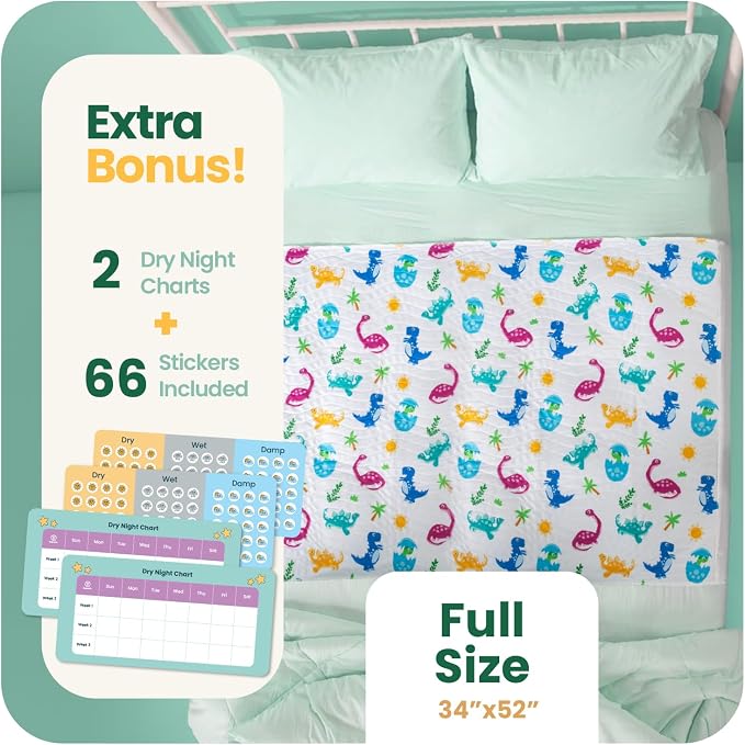 IMPROVIA® Pee Pads for Kids - Bed wetting Pads for Kids Potty Training Bed mats for Toddlers Waterproof Reuseable Washable Absorbent, Non Slip - Dino Design - Full Size 34”x52