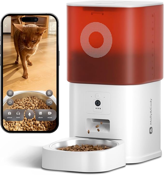 Automatic Cat Feeder with Camera: 6L Automatic Dog Feeder with 2-Way Audio Night Vision Dual Power Supply App Control 2.4G WiFi, Timed Auto Cat Food Dispenser with Stainless Steel Bowl (White)