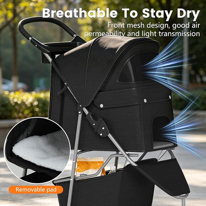 BestPet | 3-Wheel Pet Stroller | Dog and Cat Stroller | Breathable Mesh | Lightweight Travel Carrier | Waterproof & Foldable Design | Storage Basket | Black | for Daily Walks & Outdoor Use | Breathable Mesh | Lightweight, Waterproof Travel Carrier with...