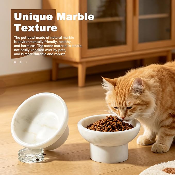 Karibiber Marble Elevated Cat Bowl, White Weighted Raised Cat Food & Water Bowl, Whisker-Friendly Stone Cat Dish with Non-Slip Stand, Heavy Water Bowls for Small Dog
