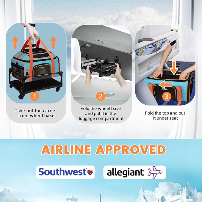 Top-Expandable Pet Carrier with Wheels Airline Approved, Blue | 19"L x 13"W x 9"H, for Southwest Allegiant Airlines, Lockable Safety Zippers and Anti-Scratch Mesh, Pets Under 12 Lbs