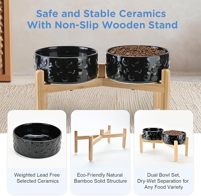 SPUNKYJUNKY Elevated Dog Bowls Ceramic, 7.3'' Dogs Food Water Bowls Raised with Non-Slip Bamboo Stand for Medium to Large Sized Breed Microwave Dishwasher Safe - 42 OZ,Skull Black