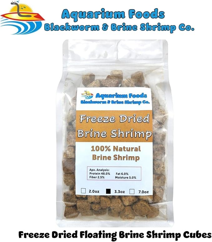 Aquatic Foods Inc. Brine Shrimp, Freeze Dried Floating Brine Shrimp Cubes for All Tropical Fish, Marine Fish, Discus, Cichlids, Koi & Pond Fish, Turtles…3.3oz Clear Bag