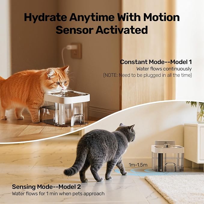 Cat Water Fountain, Wastewater Separation & No Filter Cotton, Pet Water Dispenser with 101oz/3L Large Capacity Tank, Wireless Automatic Water Fountains for Cats Indoor Cat Watering Supplies
