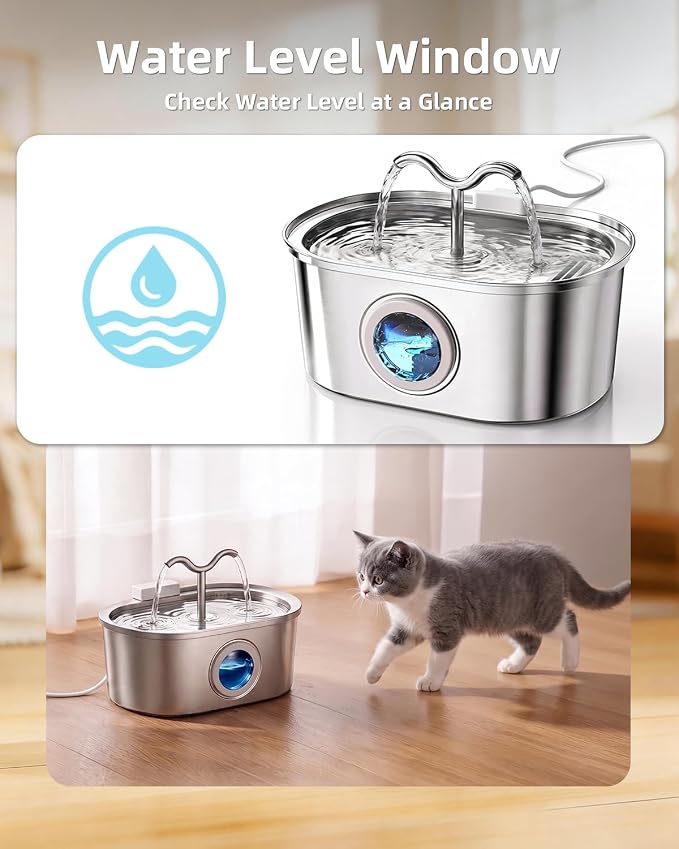 3.2L/108oz Stainless Steel Cat Water Fountain Pet Fountain | Automatic Pet Water Dispenser - Self-Designed Filtration System - Ultra-Quiet Pump - Easy Cleaning & Maintenance (6 Filters)