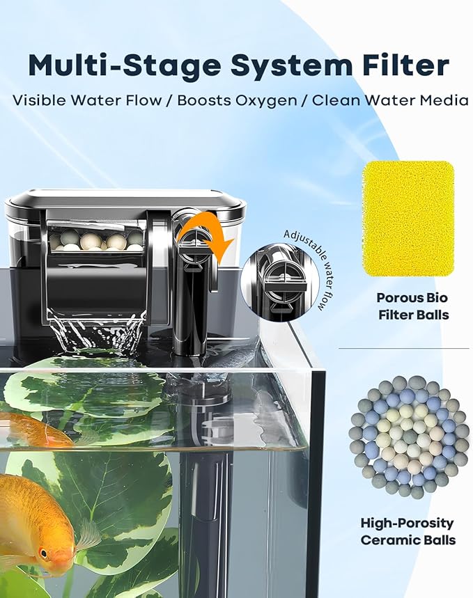 Desktop Small Aquarium Set Glass Fish Tank 1.25 Gallon, with Water Pump Filter Bright LED Light Gravel Cleaning Tool, Starter Kit Small Space Easy Setup Space-Saving Design Betta Shrimp
