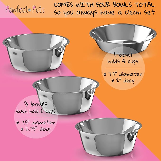 Elevated Dog Bowl Stand- 7" Raised Dog Bowl for Medium Dogs. Pet Feeder with Four Stainless Steel Bowls (White)