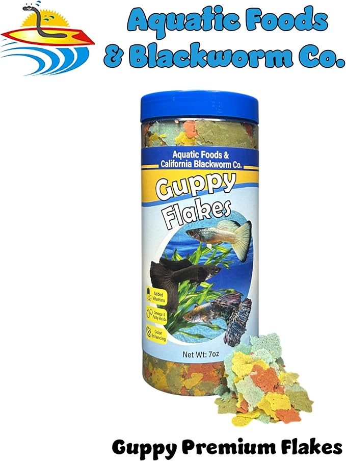 Aquatic Foods Inc. Guppy Premium Flakes, for Guppies, Endler Guppies, Mollies, Platys, Swordtail Fish, All Live Bearer Tropical Fish, 4-Type Wafer Mix & 12-Type Pellet Mix Included...7.0oz Canister
