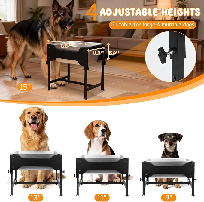 BWOGUE 4 Gal Elevated Dog Water Bowl, Stainless Steel Bowl for Large Dogs | Elevated Water Bowl for Dogs, Raised Dog Water Bowl, 4 Heights 9/11/13/15 in, Non-Slip Base, XL Breeds, Joint Pressure Relief