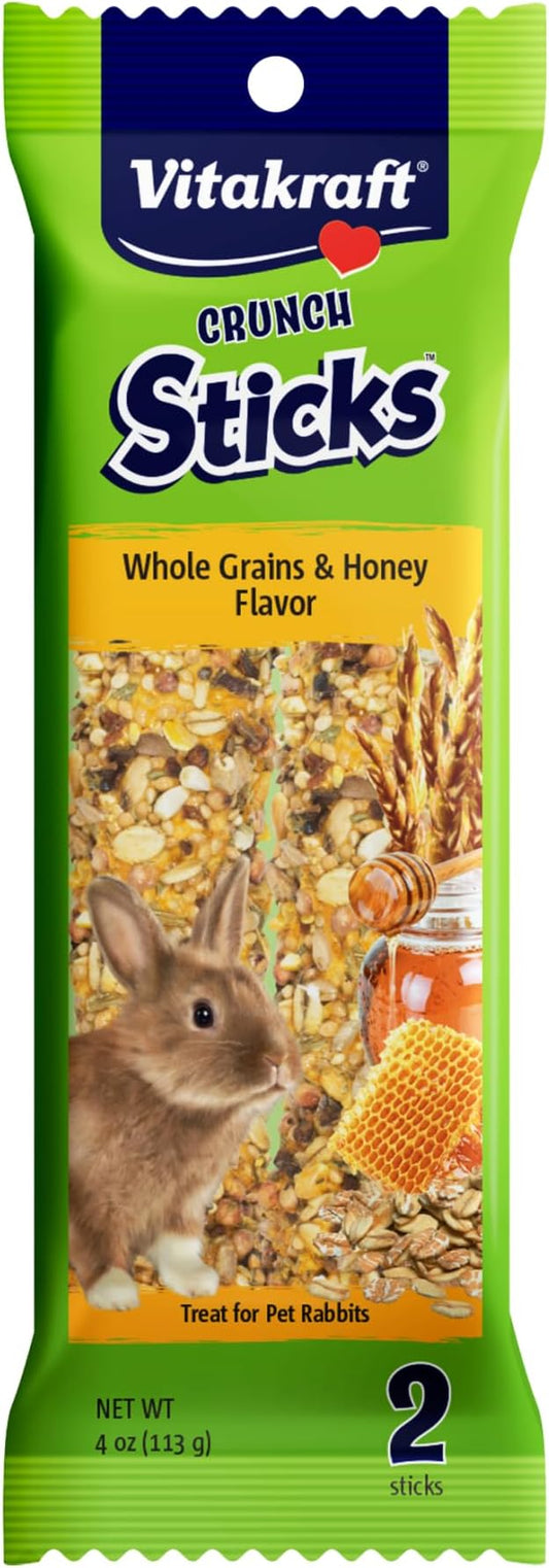 Vitakraft Crunch Sticks Rabbit Treat – 2 Sticks - Whole Grains And Honey Flavor Triple Baked With Natural Wood Chew Center - Added Vitamins And Minerals - Cage Clip Holder - Helps Prevent Cage Boredom