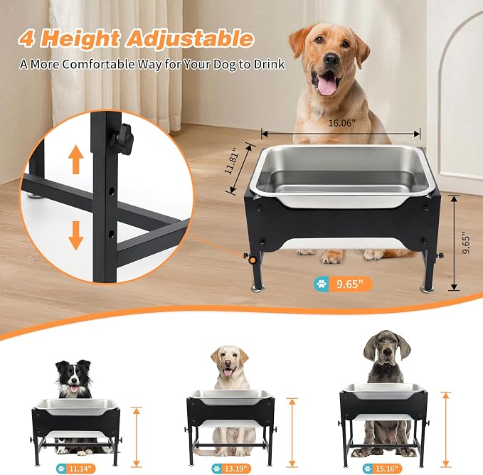 4 Gallon Elevated Dog Water Bowl, 4-Height Stand for Large Dogs | 4 Gallon Stainless Steel Bowl, 4 Heights 9.65-15.16 in, Non-Slip Feet, Indoor Outdoor Use, Easy-Clean Surface, Large Breeds