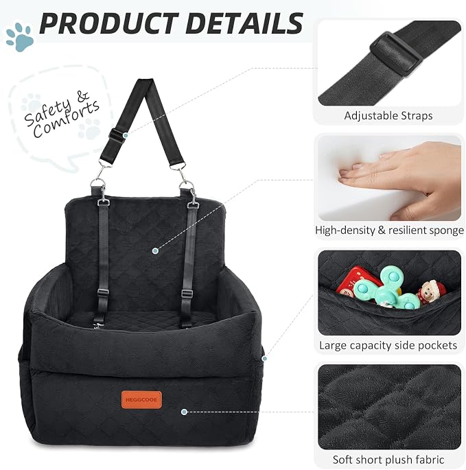 HEGGCOOE Small Dog Car Seat, Memory Foam Dog Booster Car Seats with Thick Cushion for Medium Dogs Under 35lbs, Detachable Washable Dog Bed for Car, Pet Carseat with Storage Pockets,2 Safety Belts