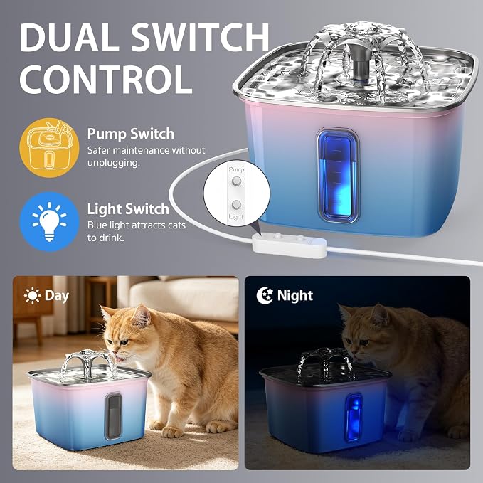 Veken Innovation Award Winner Stainless Steel Cat Water Fountain, 108oz | Automatic Pet Fountain Dog Water Dispenser with Replacement Filters & Silicone Mat for Cats, Dogs (Water Blue)