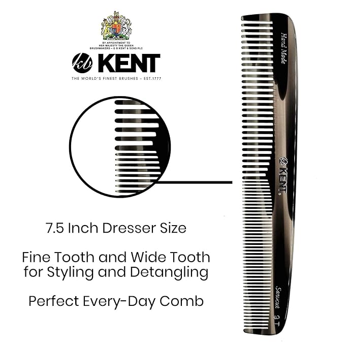 Kent 9T Double Tooth Dressing Table Comb, Tortoise Fine and Wide Tooth Coarse/Fine Dresser Comb for Hair, Beard, Mustache Styling, Grooming - For Men, Women, and Kids, Made in England