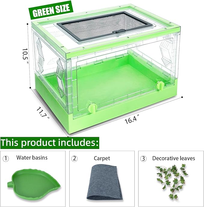 Travel Foldable Reptile Terrarium with Sliding Door Portable Spider Enclosure, Lizard Cage, Plastic Habitat for Tarantula, Tree Frog, Leopard Gecko, Snake, Ventilated Terrarium Starter Kit Green
