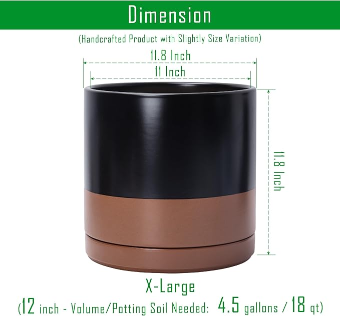 D'vine Dev 12 Inch Ceramic Planter Pot, Black/Tan, 94-O-F-7 | Modern Cylinder Design, Drainage Hole & Saucer Included, Stable Structure, Elegant Home Accent