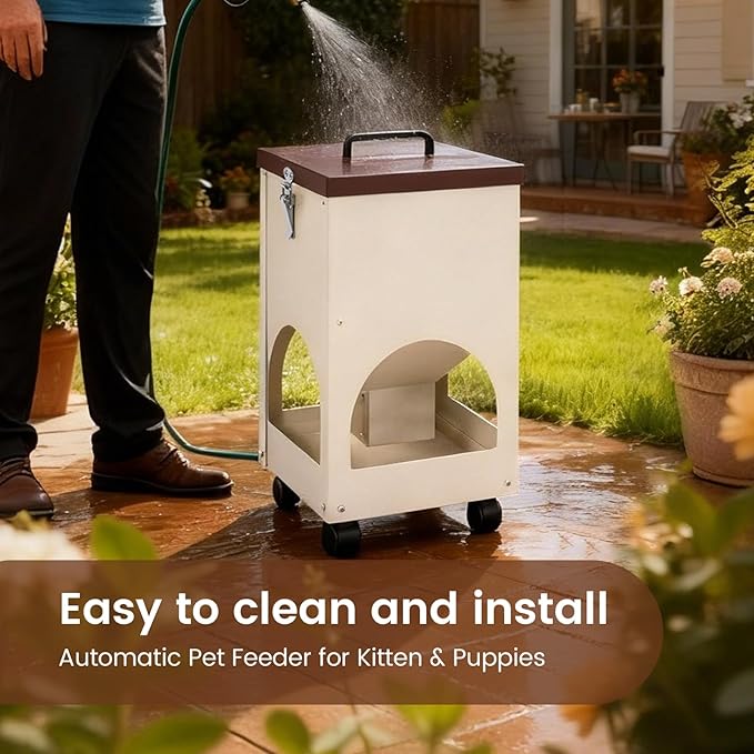 Automatic Cat Feeder for 4 Cats 5L Auto Cat Food Dispenser with Wheels for Puppies and Kittens, Multiple Cats Feeder Outdoor Large Capacity Galvanized Steel Gravity Pet Feeding Station