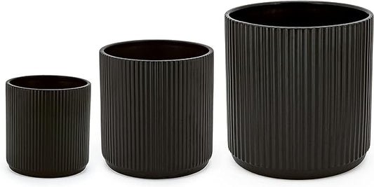 Amazon Basics Fluted Ceramic Planters for Indoor Outdoor Plants, Round Flower Pots with Drainage Hole, Set of 3, 6 inch, 8 inch, 10 inch, Black
