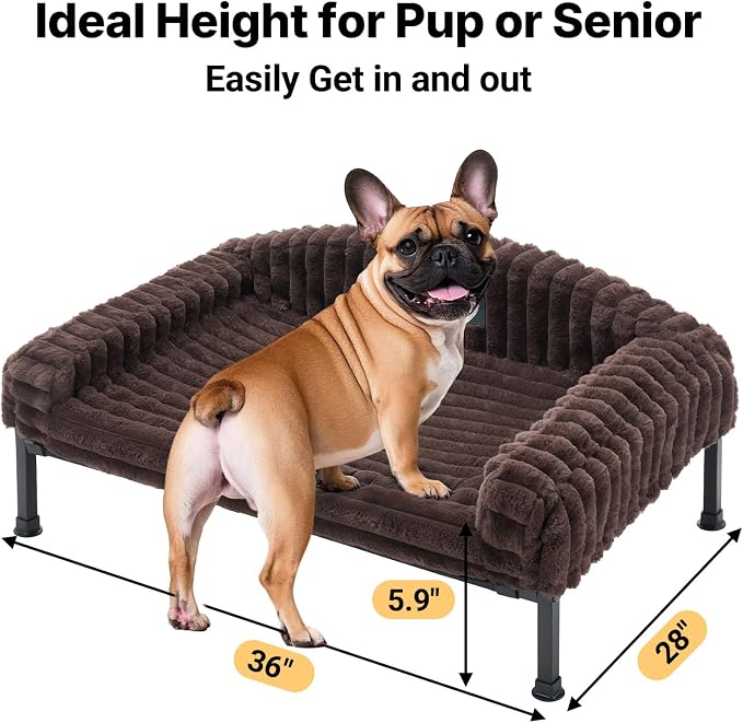 Veehoo Elevated Dog Bed with Bolster Cushion, Fluffy Plush Dog Couch Beds for Small Dogs, Cats, Washable Raised Pet Cot with Non-Slip Feet for Indoor or Patios Use, 36 x 28 Inches, Brown