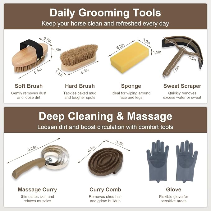 Horse Grooming Kit 14 Pieces, Horse Brushes for Grooming Supplies Set | Includes Curry Comb, Hoof Pick, Gloves & Mane Tools Durable Grooming Set for Bathing, Shedding and Daily Horse Care