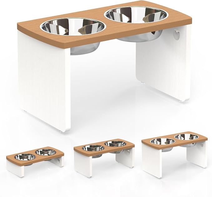 Elevated Dog Bowls, Waterproof Raised Dog Bowl for Medium & Large Dogs, HIPS Poly Lumber Stand with 2 Stainless Steel Bowls, Indoor & Outdoor Use (13'' Tall–68 oz Bowl, Teak - White)