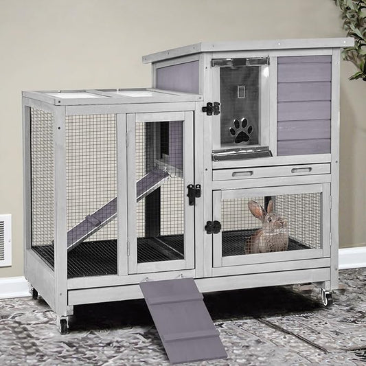 Gutinneen 2-Story Rabbit Hutch Indoor Wooden Bunny Cage with Removable Wire Mesh Floor, Chew-Proof Ramp, Lockable Wheels, Pull Out Trays for 1-2 Rabbit, Guinea Pig, 40.6" L x 26" W x 37.6" H